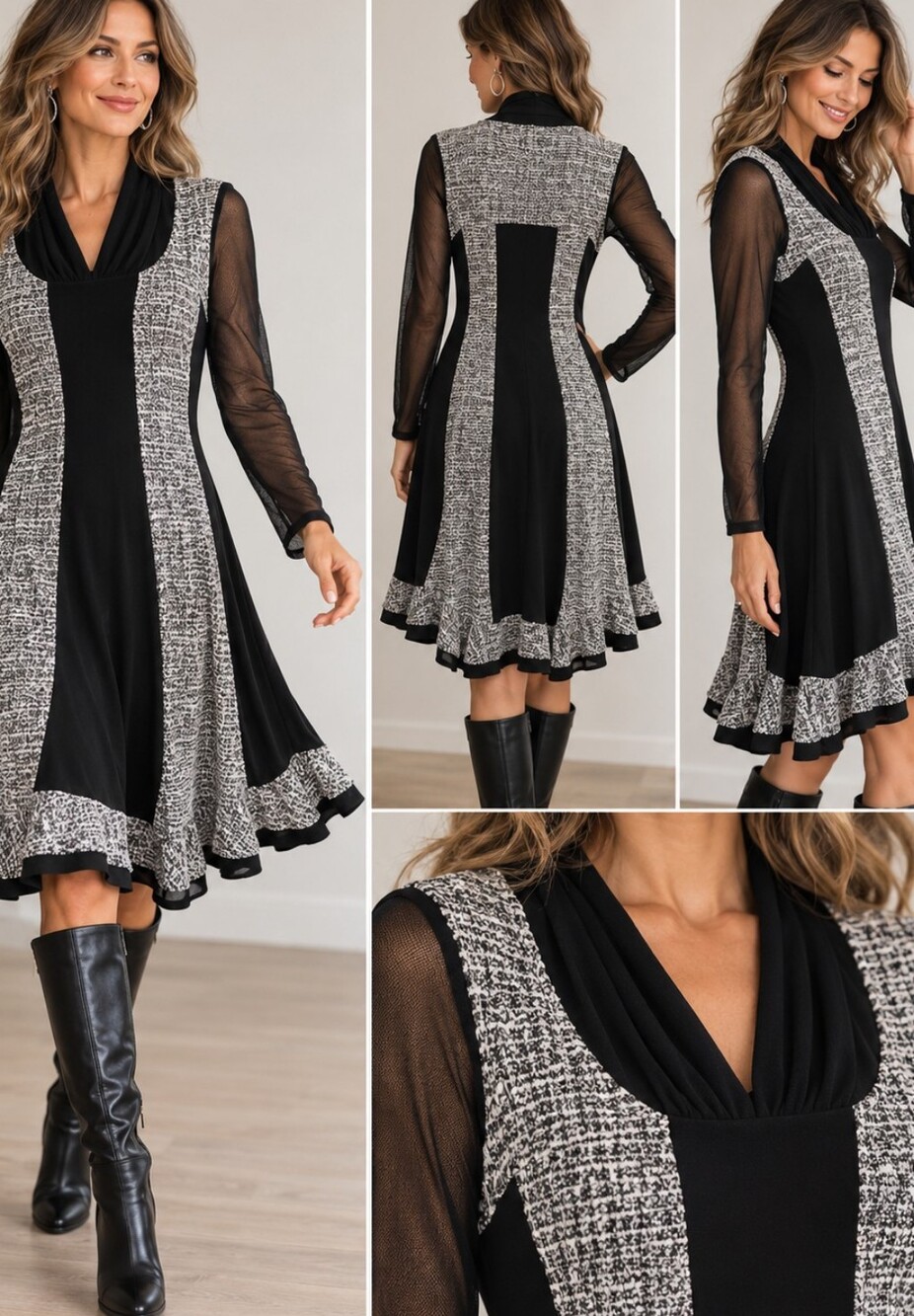 Black & White Paneled Long-Sleeve Fit-and-Flare Dress Made In Canada